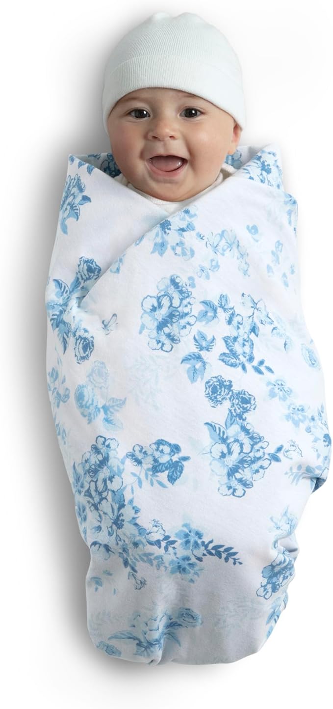 Delta Children 100% Organic Cotton Fitted Crib Sheets, Blue Botanicals + 100% Organic Jersey Cotton Baby Receiving Blankets – 30x40 Inches - GOTS Certified (Pack of 2) (Bundle)