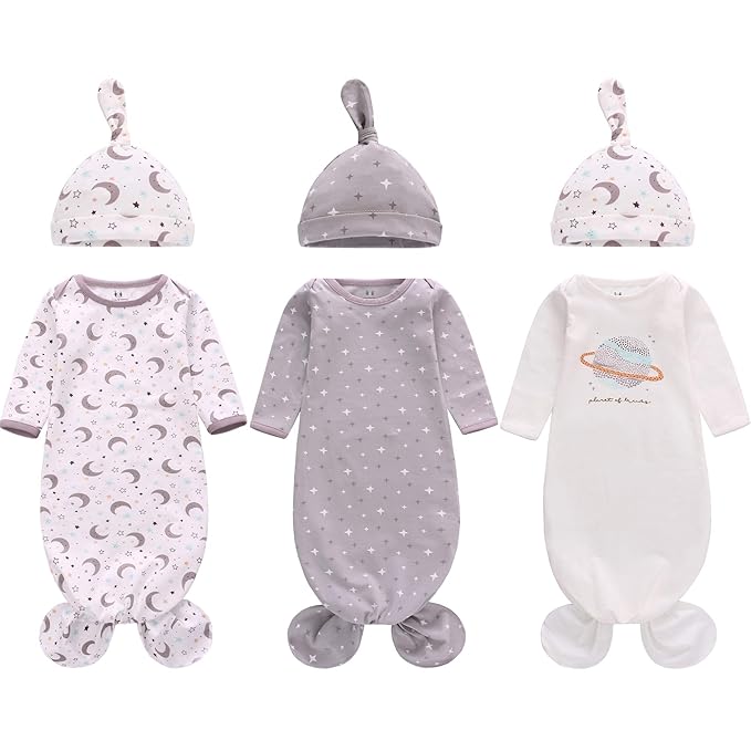 Newborn Knotted Nightgown Long Sleeve with Matching Hat Set 3 Pack, Cotton Baby Sleeper Gowns Sleeping Bags Home Outfits Set with Mitten Cuffs for Boys Girls (Moon + Star + Planet, 6-12 Months)