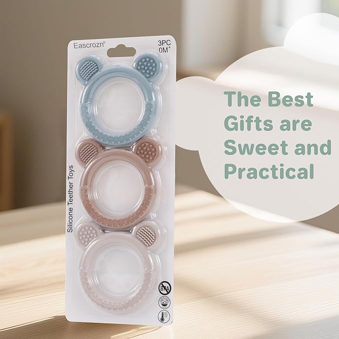 Teething Toys 3-6 Months, 3 Pack Silicone Teethers for Babies 6-12 Months, BPA Free Soft Textured Teething Relief Soothing Sore Gums Baby Essentials