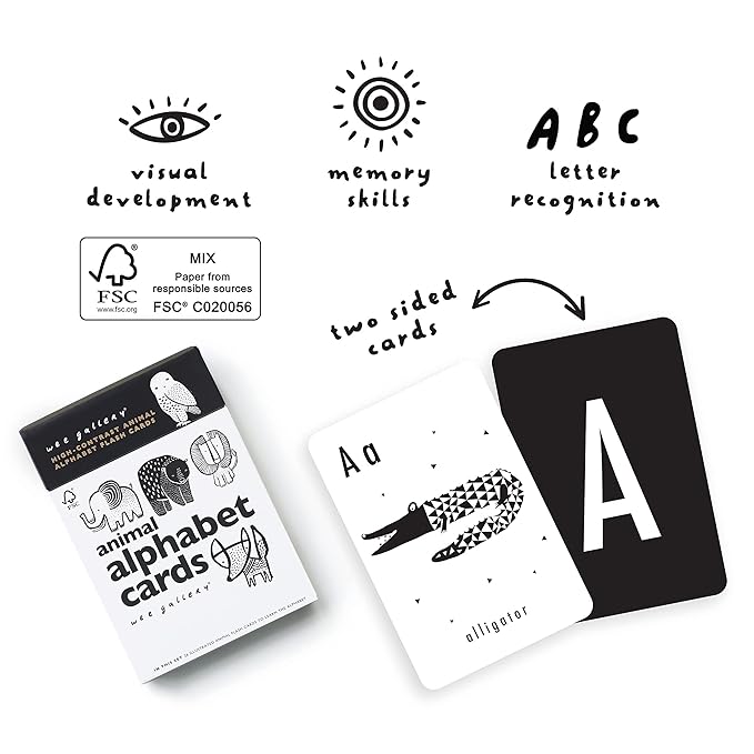 Wee Gallery Educational Flashcards for Babies, Double Sided Black and White Learning Flash cards, Animal Alphabet Cards for Visual Stimulation and Cognitive Development of Infants and Toddlers