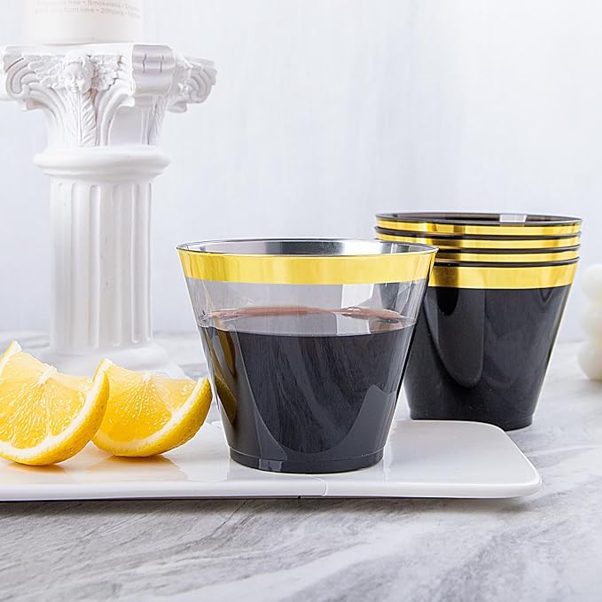 Superrnal 100pcs Gold and Black Plastic Cups 9OZ Elegant Gold Rimmed Clear Party Cups Fancy Disposable Wedding Cup Plastic Cup for Party,Gatherings, Afternoon Tea