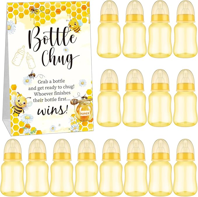 TrelaCo Bottle Chug Baby Shower Game 20 Pcs Baby Bottles Shower Favor with 1 Bee Theme Sign for Gender Reveal Party Supplies Gifts(Yellow)