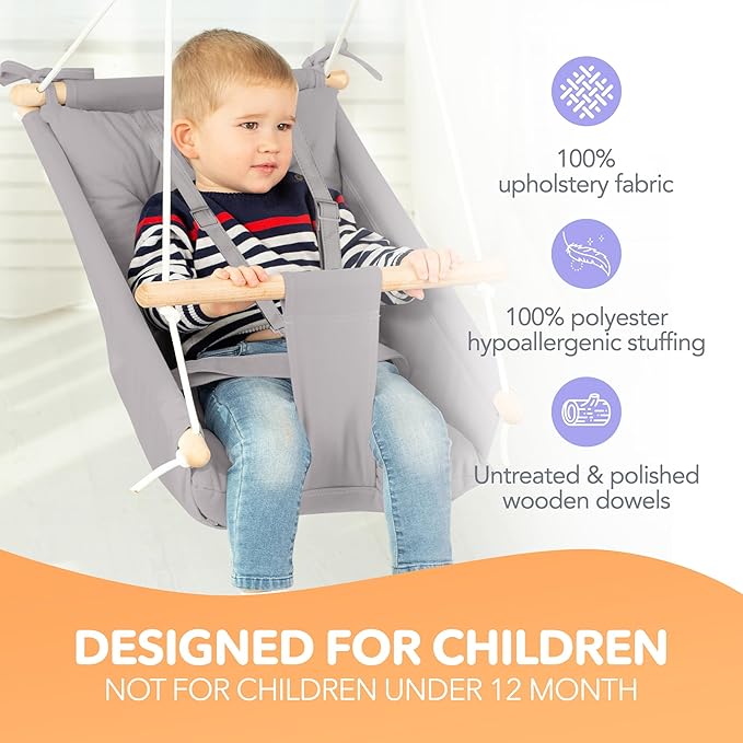 CaTeam Canvas Toddler Swing – Indoor/Outdoor Hanging Chair for Patio & Playroom with Safety Belt – Wooden Baby Seat for Ages 12+ Months – Taupe Gray