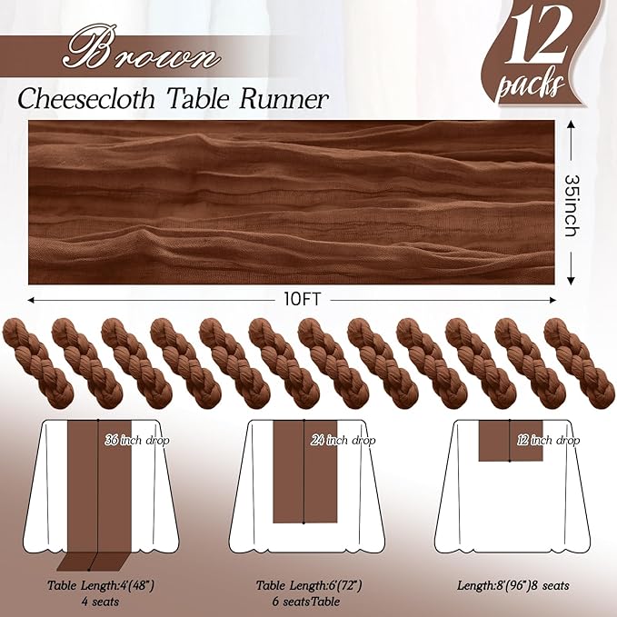 12Pack Brown Table Runner 35 x 120 inch Cheesecloth Table Runner 10FT Boho Table Runners Rustic Gauze Cheese Cloth Table Runners for Party Wedding Birthday Dining Bridal Shower Baby Shower Decor