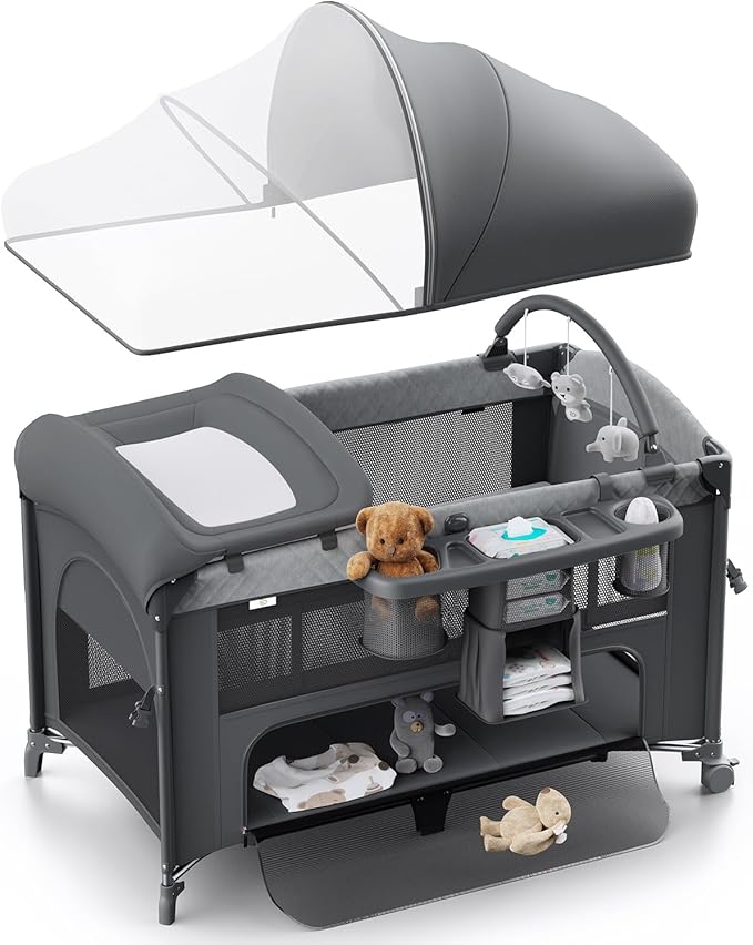 4 in 1 Baby Bassinet, Pack and Play, Bedside Crib Sleeper, Diaper Changer - Comes with Mattress, Mosquito Net,Bottom Storage and Toy Bar for Newborn to Toddles