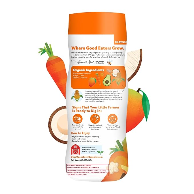Once Upon A Farm Mango, Coconut & Carrot Puffed Sorghum Snack, Fruit & Veggie Puffs, Non GMO, 1.5 Ounces (Pack Of 6)