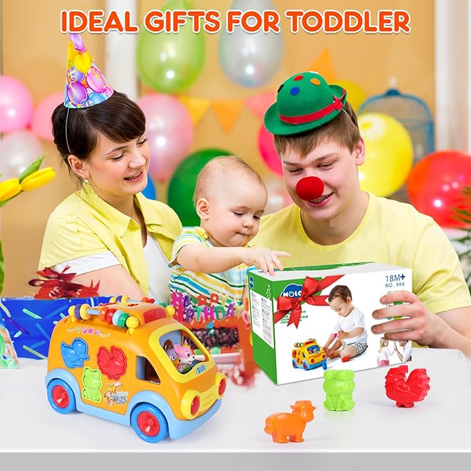 Toy Cars for 1 Year Old Boy Gifts Baby Toys 12-18 Months, Musical Learning Toys for Toddlers 1-3, Educational Baby Bus with Animal Blocks, Christmas Birthday Gift for 1 2 3 4 Year Old Boys Girls Kids