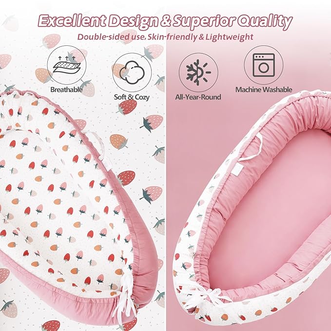 ALINUX Baby Lounger for Newborn 0-24 Months,100% Cotton Baby Lounger Cover, Suitable for Babies Aged 0-24 Months, Pink