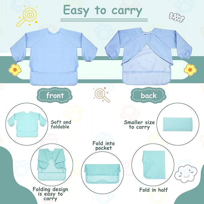 Jeyiour 6 Pack Long Sleeve Baby Bibs Mess Proof Bib Washable Feeding Bib Waterproof Smock Bib for Infant Toddler 6-24 Months