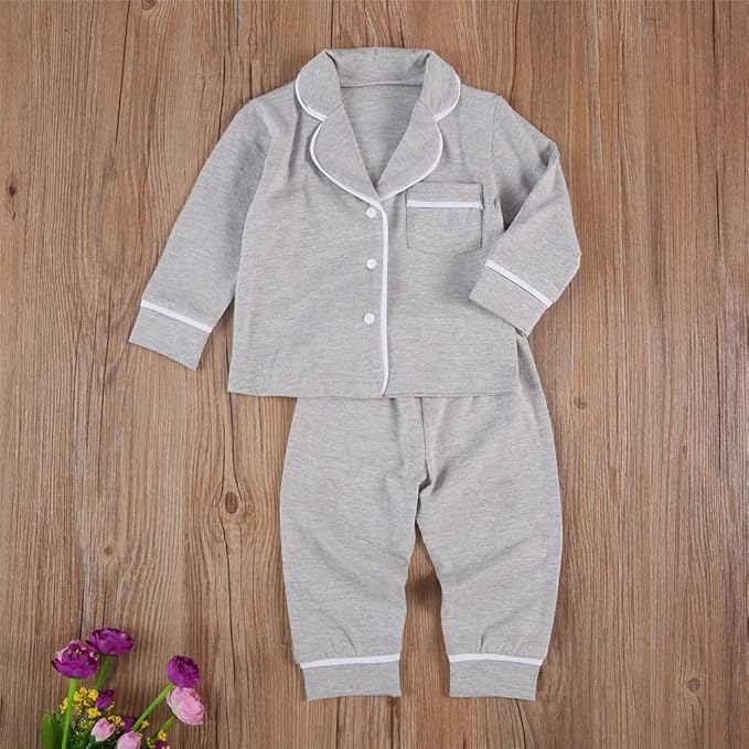 Toddler Kids Baby Girl Solid Pjs Ruffle Long Sleeve Button Shirt Top and Pants Cotton 2Piece Pajamas Set