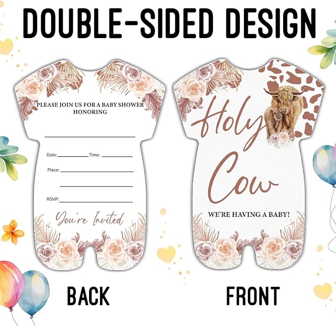 LyoGao Highland Cow Baby Shower Invitations With Envelopes (20 Pack) - Boho Pampas Holy Cow Theme Fill in Invites Cards for Baby Shower Gender Neutral