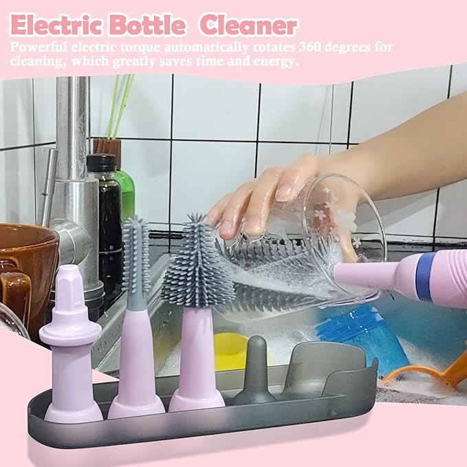 Electric Bottle Brush with Stand and Extendable Handle,Silicone Bottle Brush Set with Water Bottle/Nipple/Straw Brush,Easy-Grip Silicone Handle,Waterproof/Rechargeable Brush, Pink