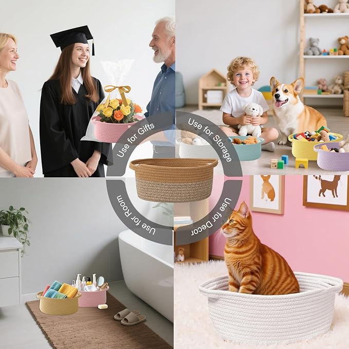 Gift Basket with Gift Bag and Ribbons,Small Rope Woven Shelf Storage,Baskets for Gifts Empty,Birthday,Shower,Decorative Organizer Box for Cat Dog Pet with Handles(Jute&Mixed Brown)