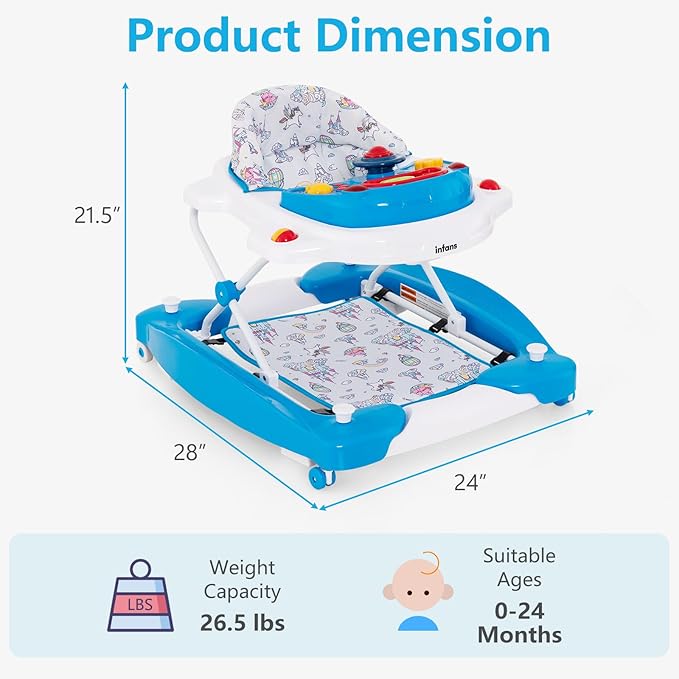 INFANS Baby Walker, 5 in 1 Behind Walker Learning Seated Rocker Bouncer with Removable Music Tray, Adjustable Height, Washable Seat Cushion, Foldable Activity Center for Toddlers (Unicorn)