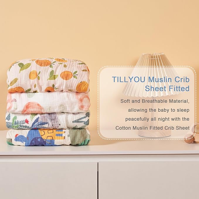 TILLYOU Muslin Crib Sheets for Boys and Girls 2 Pack, Neutral Soft Cotton Baby Crib Mattress Protector, for 52x 28 Toddler Bed, Animal Geometry & Blue