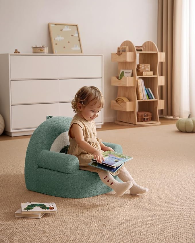 Blissful Diary Toddler Chair Comfy, Foam Kids Chair with Soft Teddy Plush, Toddler Reading Chair with Cute Arclet Designs- Sage Green