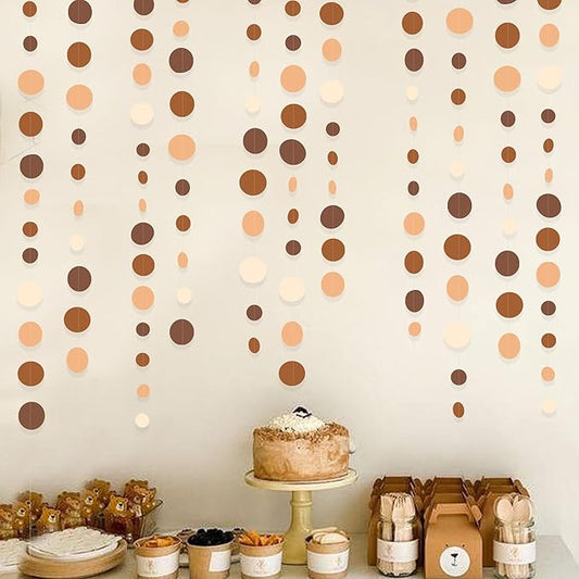 Ombre Brown Party Decorations Polka Dots Garlands Cream Tan Brown Boho Hanging Paper Circle Dots Streamer for Neutral Rustic Cowboy Western Teddy Bear Birthday Baby Shower Wedding Woodland Party Decor