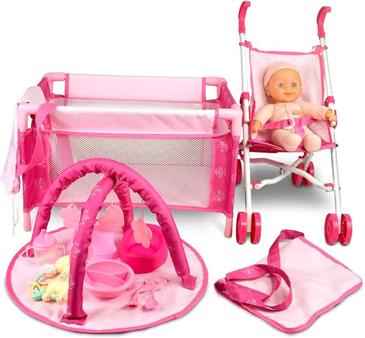 ANIVIA Baby Doll Stroller Set - Includes Stroller, Crib, Play Mat, Feeding Toy, Diaper Bag - Nursery Role Play Set (11" Doll Included)