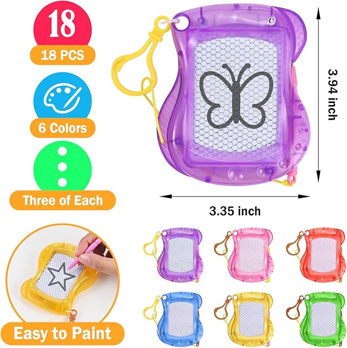 GOLDGE 18 Pcs Mini Magnetic Drawing Board for Kids (6 Colors) – Portable Doodle Sketch & Writing Pad with Erasable Surface, Fun Backpack Keychain Clip Art Toy, Birthday Party Favors for Boys Girls