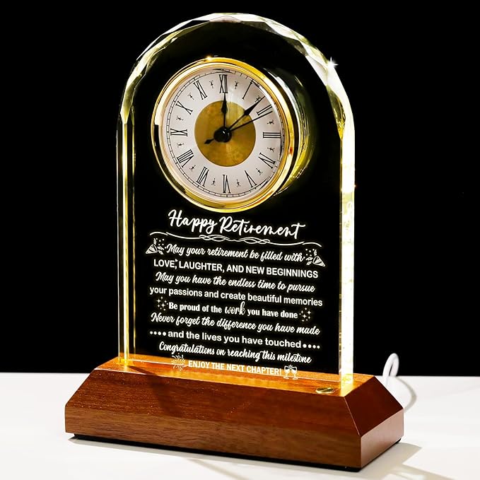 Glass Retirement Clock With Wooden Light Base - Happy Retirement Plaque for Women Men Colleagues Boss Friend - Farewell Gift Idea for Her Going Away - Retired Keepsakes for Teacher Doctor