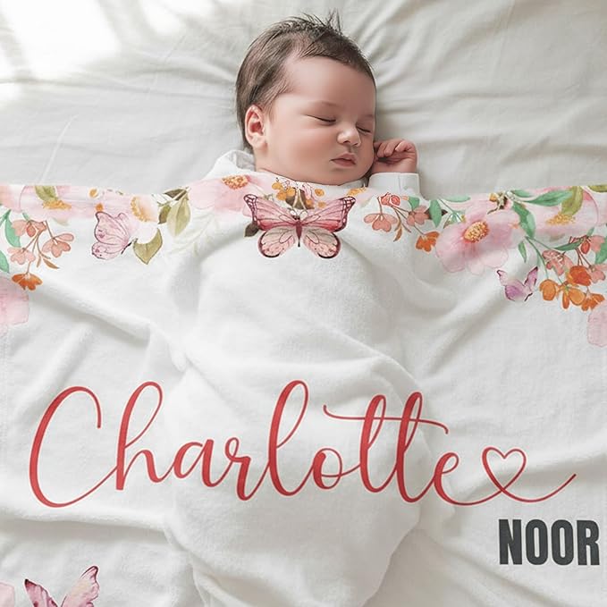 Personalized Baby Blankets for Girls, Customized Name Blanket for Kids, Custom Toddler Blanket Gifts for Birthday, Christmas, Newborn Soft Flannel Floral Blankets Boy Girl Birthday Gifts
