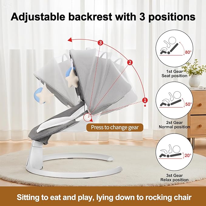 Baby Swing for Newborn to Toddler, 5 Speed Portable Infant Swing with Bluetooth Touch, Remote Control, 10 Lullabies, Timer, 5 Point Harness and Soft Fabric (Grey)