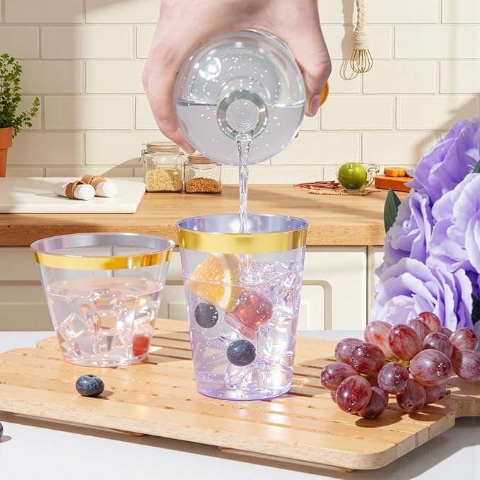 supernal 100 Pack Purple Plastic Cups - 10 Oz Clear Disposable Cups with Gold Trim,Clear Purple Plastic Cocktail Glasses Perfect for Weddings,Birthday,Parties & Elegant Events,Disposable Wine Glasses