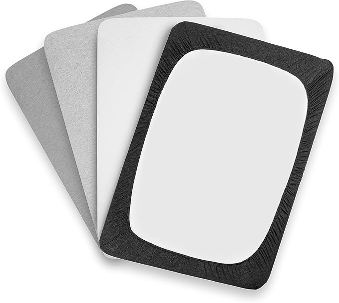 BaeBae Goods Crib Sheets for Baby Boys and Girls, 4 Pack, Soft and Breathable Jersey Knit Fitted Sheet Set, Cute Gender Neutral Nursery Mattress Bedding, Universal Fit (Solid Greys)