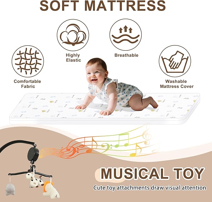 Baby Bassinet Bedside Crib, 3 in 1 Baby Bassinet Bedside Sleeper with Musical Toy, Adjustable Portable Crib All Mesh Bedside Bassinet with Storage Basket, Grey