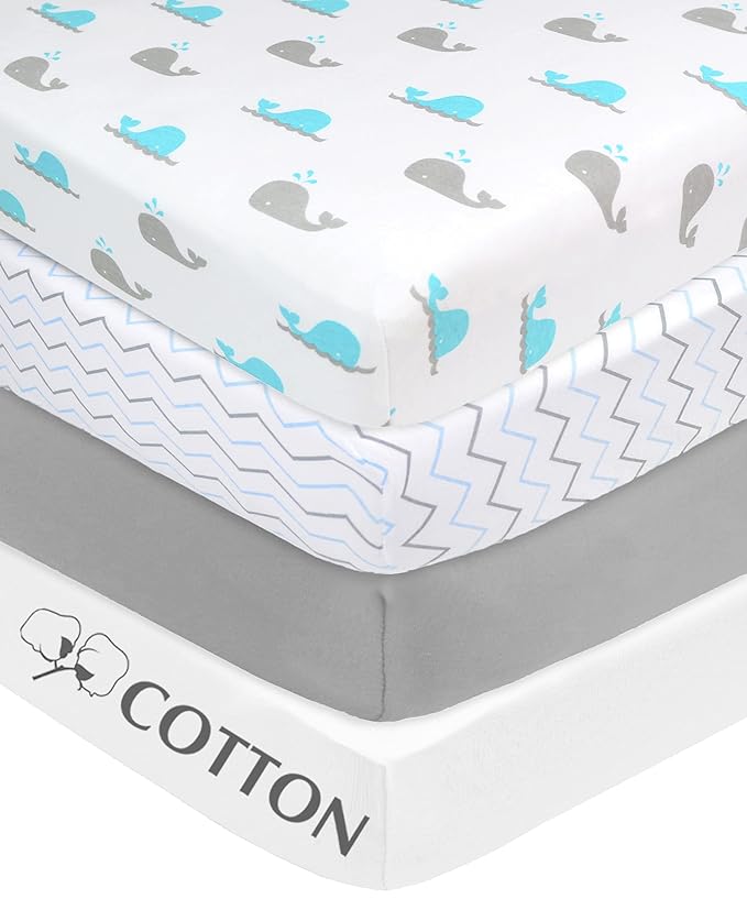 American Baby Company 4 Pack Fitted Crib Sheets 28" x 52", Soft Breathable Neutral 100% Cotton Jersey Sheet, Blue Zigzag/Aqua Whale/Gray/White, for Boys and Girls, Fits Crib and Toddler Bed mattresses