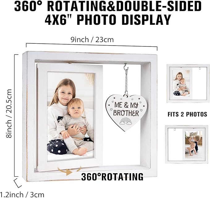 Me and My Brother Picture Frame,Baby Gifts for Boys,Heartfelt Big Brother Sister & Little Brother Keepsake Gift,Baby Room Decor Vintage Style Rotating Photo Frame 4x6