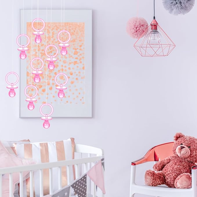 Chengu 100 Pcs Baby Shower Pacifiers Necklace, Acrylic Pacifiers Necklace Charm for Gender Reveal Party Decorations(Pink)