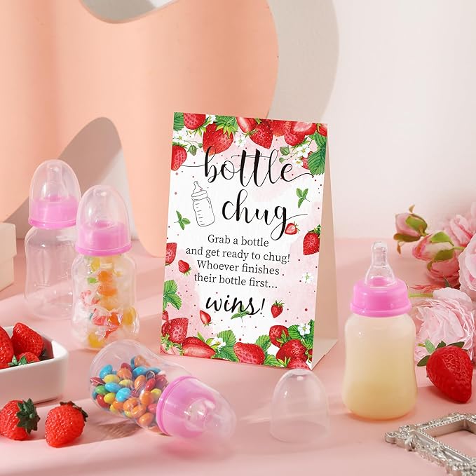 TrelaCo Bottle Chug Baby Shower Game 20 Pcs Baby Bottles Shower Favor with 1 Strawberry Theme Sign for Gender Reveal Party Supplies Gifts(Pink)