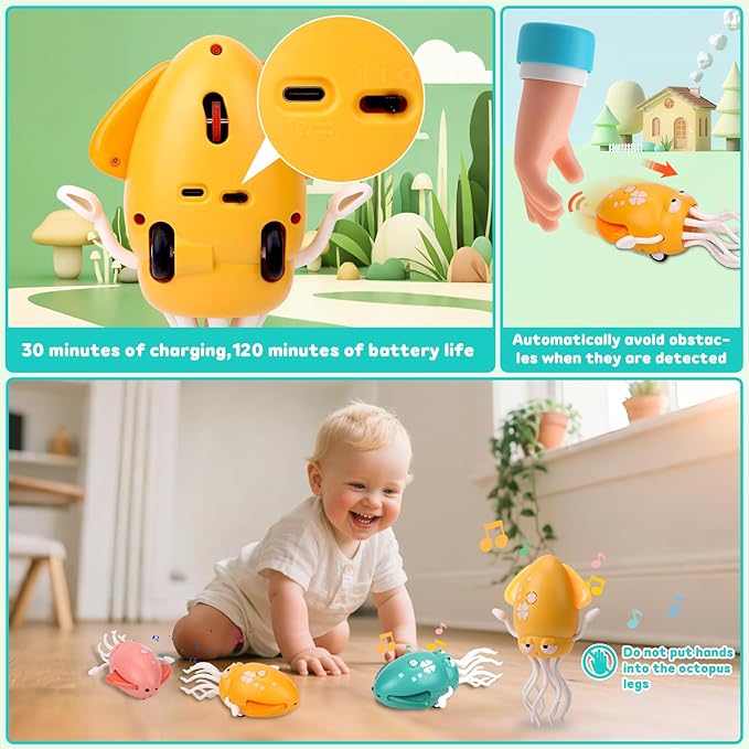 Dancing Octopus Baby Toy, Electric Crawling Squid with Obstacle Avoidance, Infant Light up Music Toys for 3 4 5 6 7 Year Old Kids, Rechargeable Tummy Time Toy Boy Girl Birthday Gifts(Yellow)