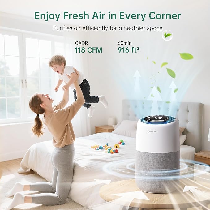 Air Purifier for Bedroom Home, 5-Stage HEPA Filtration System, Covers Up to 916 Ft² with PM2.5 Real-Time Monitor, Auto Mode, Smart WiFi, Reduces Allergies, Dust, Pollen, Pet Dander, Smoke