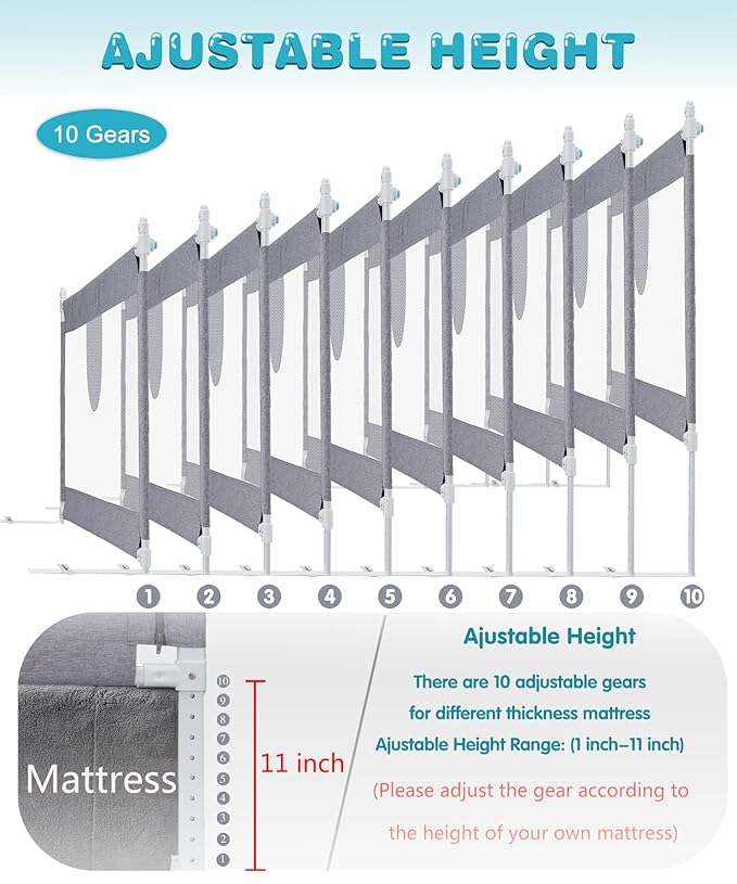 MBQMBSS 58'' Bed Guard Rail for Toddlers, Baby Bed Rails - Fit for Wide Side of Queen Bed, Adjustable Rail Guard, Bed Rails for Kids with Double Safety Lock & Extra Y-Shaped Reinforcement Strap