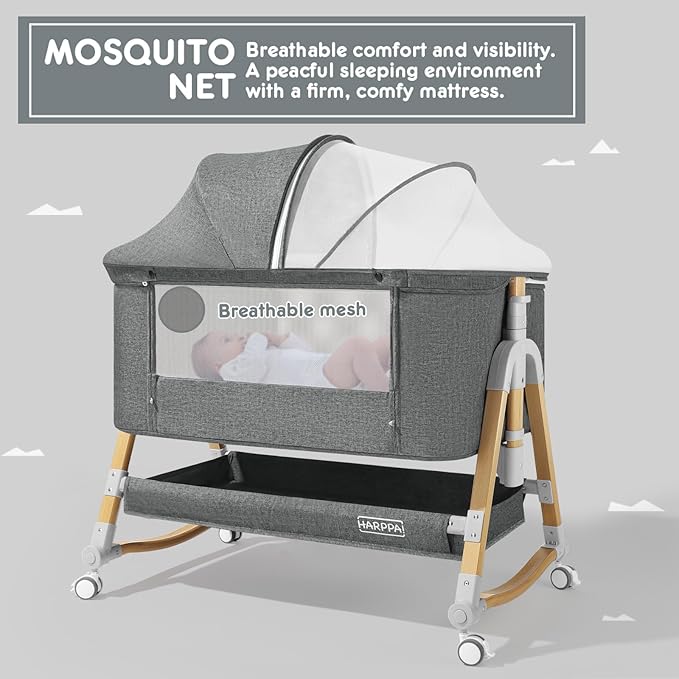 HARPPA Cuddly Bassinet, 3 in 1 Baby Bassinet Bedside Sleeper, Bedside Crib with Mattress and Wheels, Breathable Mesh, 5 Height Adjustable, Anchor Strap (Wood Grain, Grey)
