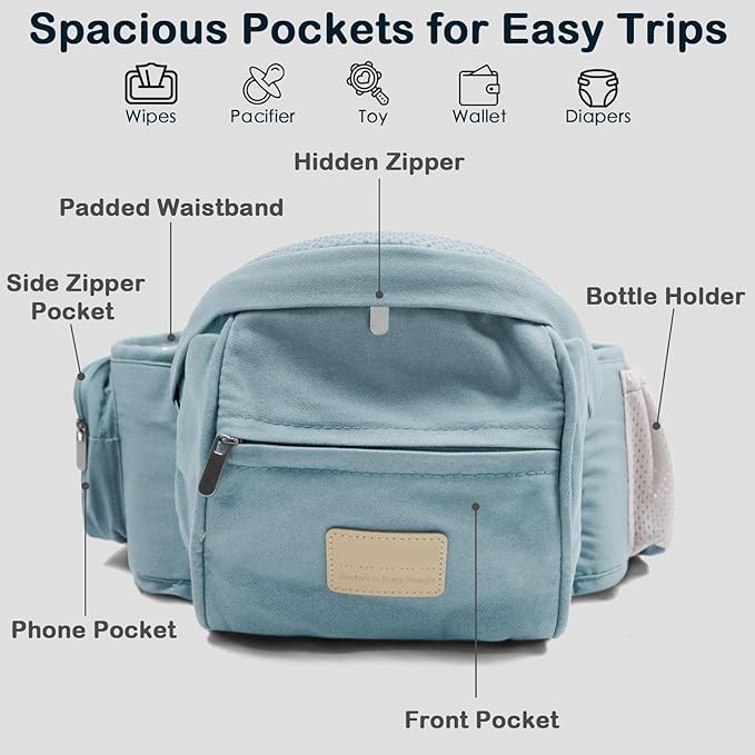 Baby Hip Seat Carrier, Adjustable Waistband with 3D Abdominal Support & Various Pockets Ergonomic Carrier for Newborns to Toddlers up to 33 lbs Medium Blue