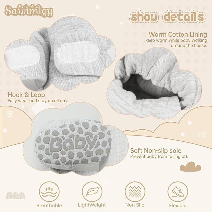 Sawimlgy Newborn Infant Baby Girl Boy Cotton Booties Stay On Sock Slippers Soft Bedroom Shoes Non-Skid Ankle Boots With Grippers Toddler Crib Warm Shoe First Walker Birthday Shower