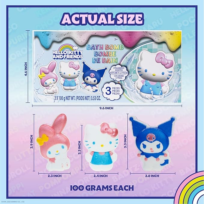 Hello Kitty and Friends Bath Bombs for Kids, Fun Bright Rainbow Colors, Berry Scented for Kids, Ages 3+, by Townley Girl