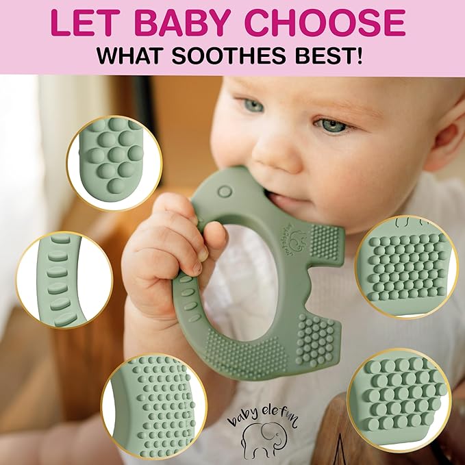 Teethers for Babies 6-12 Months - Baby Elefun 5x Pain Relief Toddler Teether. No More Ouch for Mom Anti Bite Trainer. Nurtures Grasping, Passing, Hand Eye Coordination. Silicone Baby Teething Toy Ring