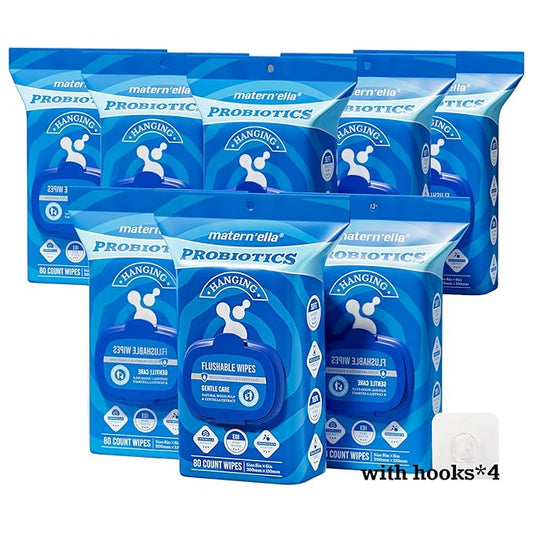 matern'ella Hanging Flushable Wipes Unscented Extra Large Corner-Connected Wet Wipes Adult Plant Based Fibers with Probiotics Alcohol Free Sewer Safe Butt Wipes Travel 8 Packs 640 Wipes