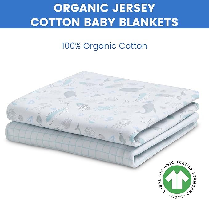 Delta Children 100% Organic Jersey Cotton Baby Receiving Blankets for Girls and Boys – 30x40 Inches - GOTS Certified (Pack of 2), Sea Life