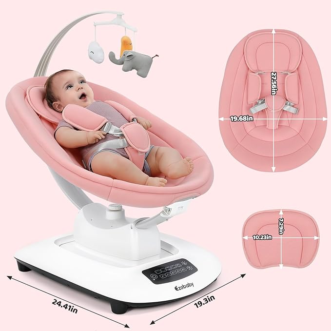Ezebaby Baby Swing for Infants and Newborns with 5 Unique Motions, Adjustable Speed and Positions, Lullabies, Infant Swing with 5-Point Harness, Baby Swing for Newborn Babies 0-9 Months Pink