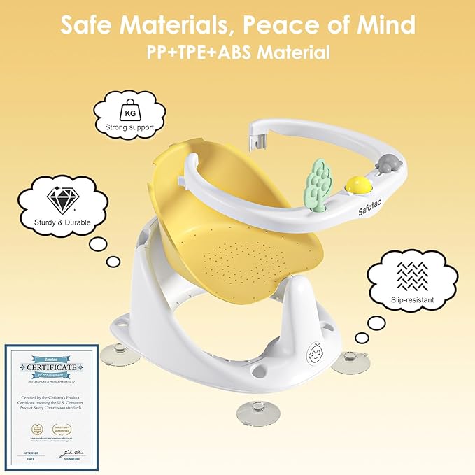 Baby Bath Seat with Bath Cap, Comfortable Baby Bath Chair for Babies 6 Months & up, Infant Bath Seat with Soft Cushion & Suction Cups, Non-Slip Bath Seats for Babies Sitting Up, Yellow