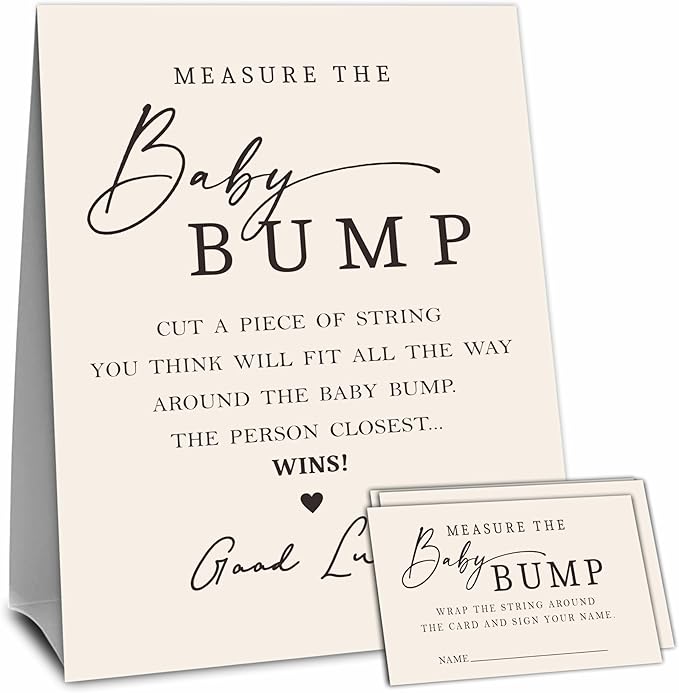 Beige Baby Shower Measure The Baby Bump, Measure Mommy's Belly Game Set - 1 Self-Standing Sign And 50 Tickets - Gender Reveal, Baby Shower, Baby Announcement Activity & Party Favor Supplies - A14