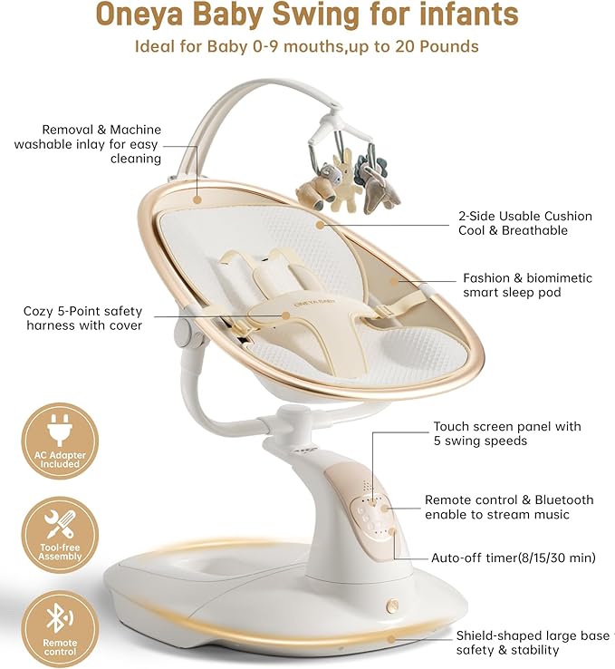 Baby Swing for Infants to Toddler, Electric Baby Swing with Sturdy Shield-Shaped Base, 180° Rotation Portable Infant Swing with 5 Speeds & 12 Lullabies for Newborn Baby Boy Girl Up to 20 lbs, White