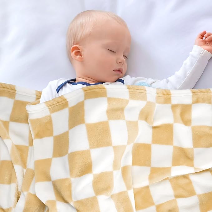 Plush Checkered Baby Blanket for Boys Girls Nursery, 30"*40" Warm Short Fleece Blanket Neutral for Infant Newborn, Small Fuzzy for Sleeping, Chenille or Stroller (Sand Yellow&White)