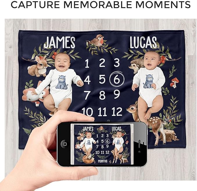 MDPrints Personalized Twin Milestone Blanket, Custom Monthly Baby Blankets with Name for Boys and Girls, 30x40 & 50x60inch Soft Plush Fleece (Dark Blue)