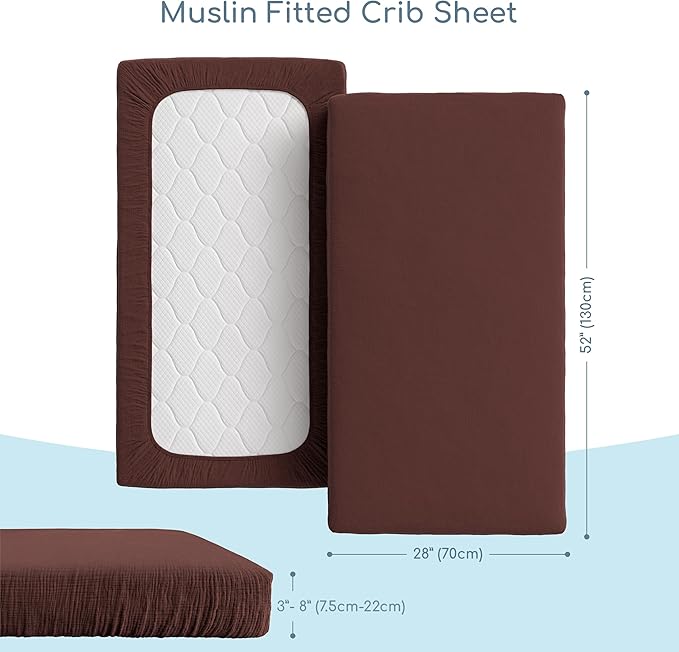 Muslin Crib Sheets, 100% Organic Cotton, Breathable and Ultra-Soft, Standard Crib Sheet Mattress (28"x 52") for Girls and Boys, Neutral Fitted Baby Crib Sheet (Dark Brown)